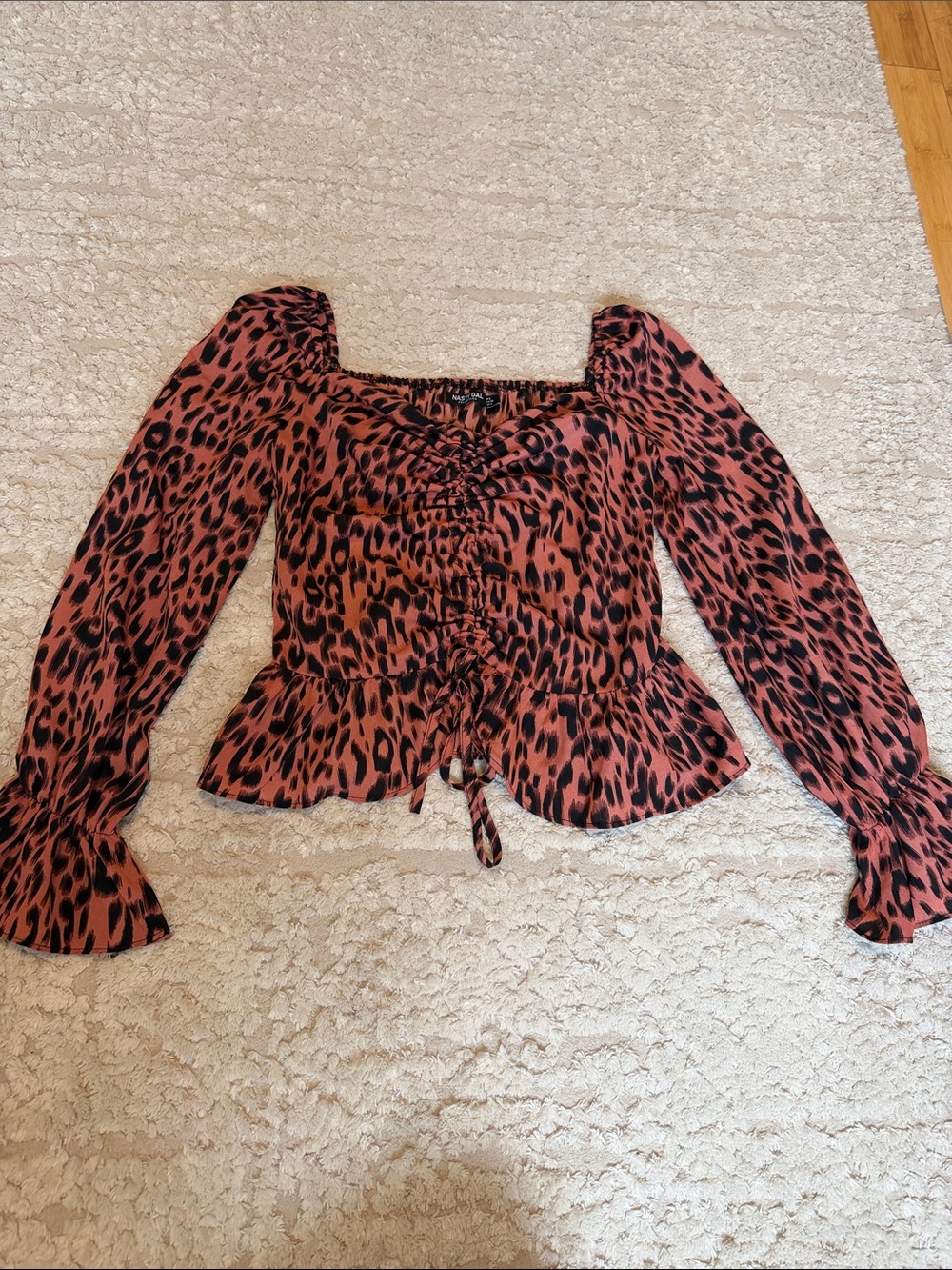 Nasty Gal Rust Leopard Ruched Peplum Long-Sleeve Top